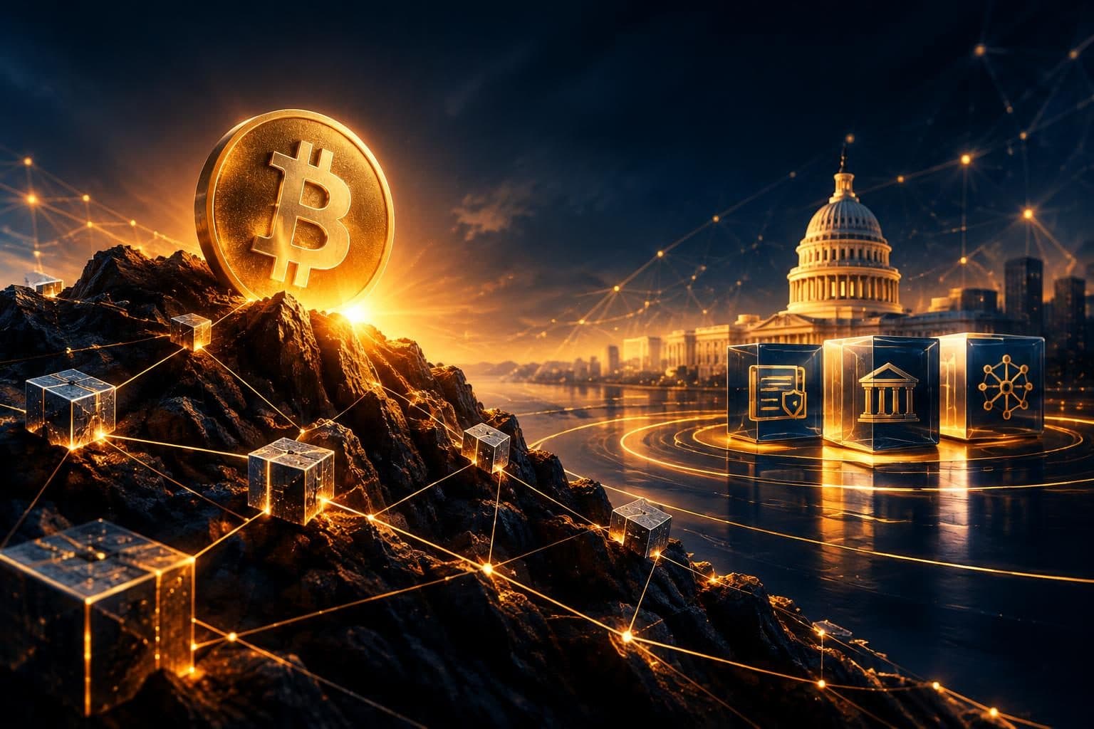 Abstract Bitcoin network artwork for Hub21's 2026-10-21 monthly briefing