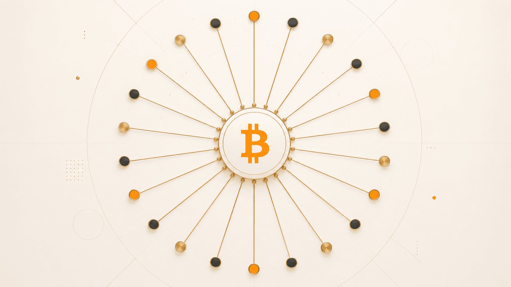 Bitcoin network illustration — orange Bitcoin symbol radiating golden connections