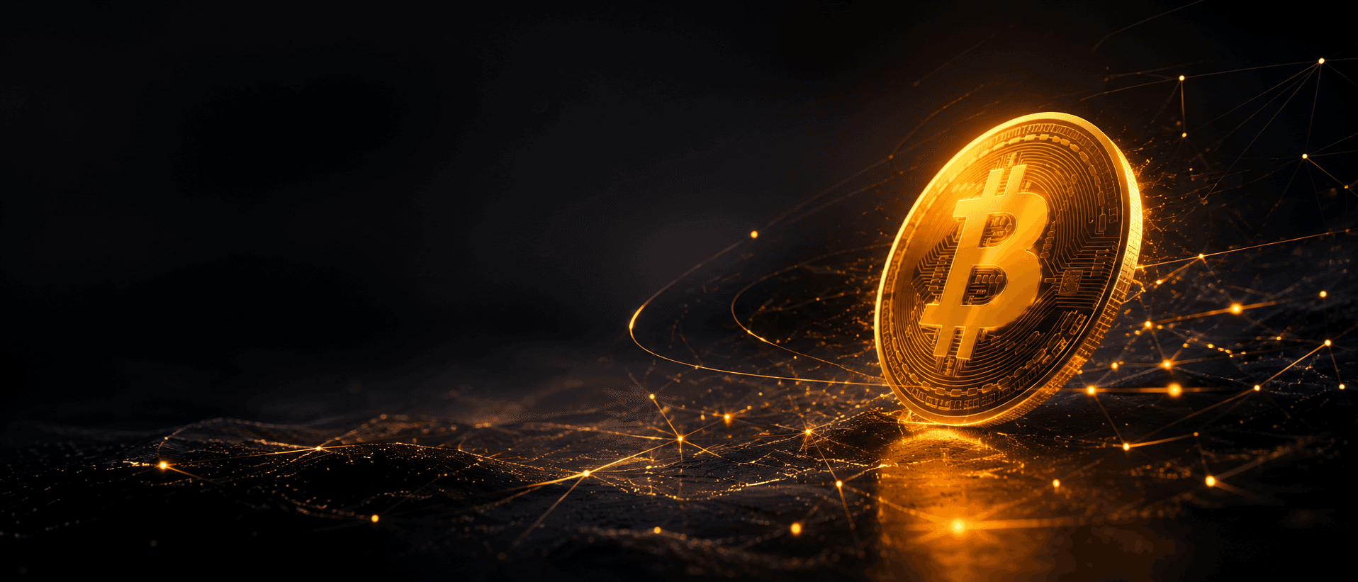 A glowing Bitcoin coin surrounded by a golden network of light against a dark background