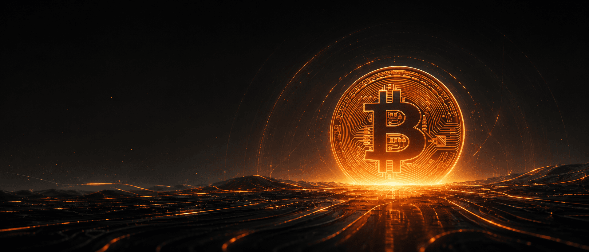 A glowing Bitcoin coin rising over a dark digital landscape with orange light trails